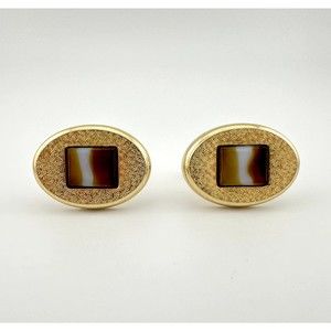 Vintage Hickok Canada Gold Tone Oval Cufflinks Set Inset Glass Rectangle 1"